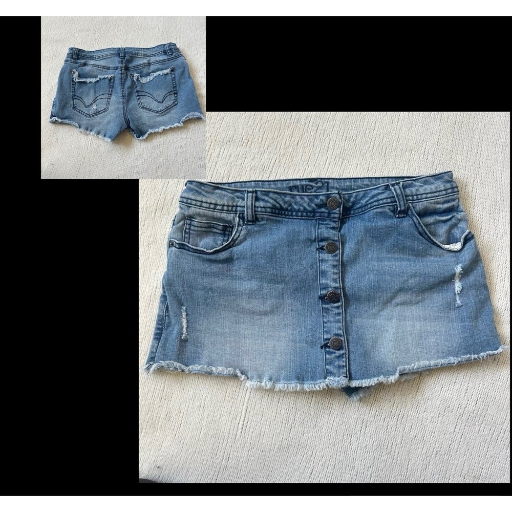 Y2K Rue 21 Skirt Shorts Combo Sz 8 Blue Denim Stretch Low Rise Distressed